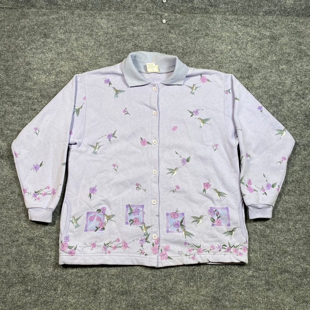 Artisans‎ Vintage Hummingbird Floral Button Front Fleece Sweatshirt Lavender L